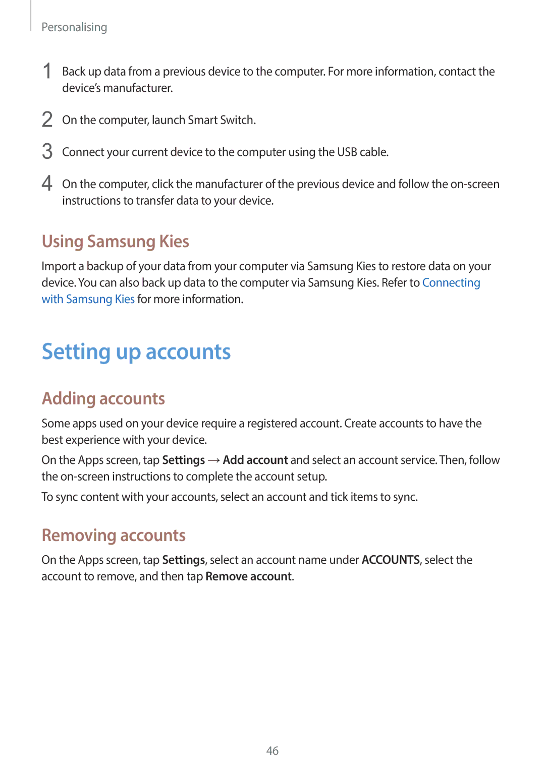 Samsung SM-G130EZWAKSA manual Setting up accounts, Using Samsung Kies, Adding accounts, Removing accounts 