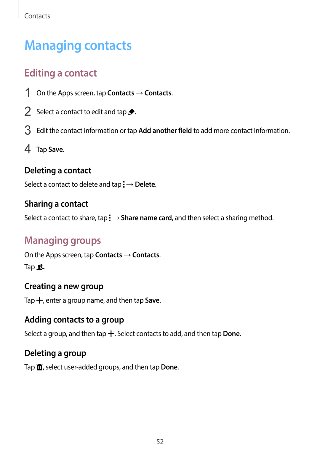 Samsung SM-G130EZWAKSA manual Managing contacts, Editing a contact, Managing groups 