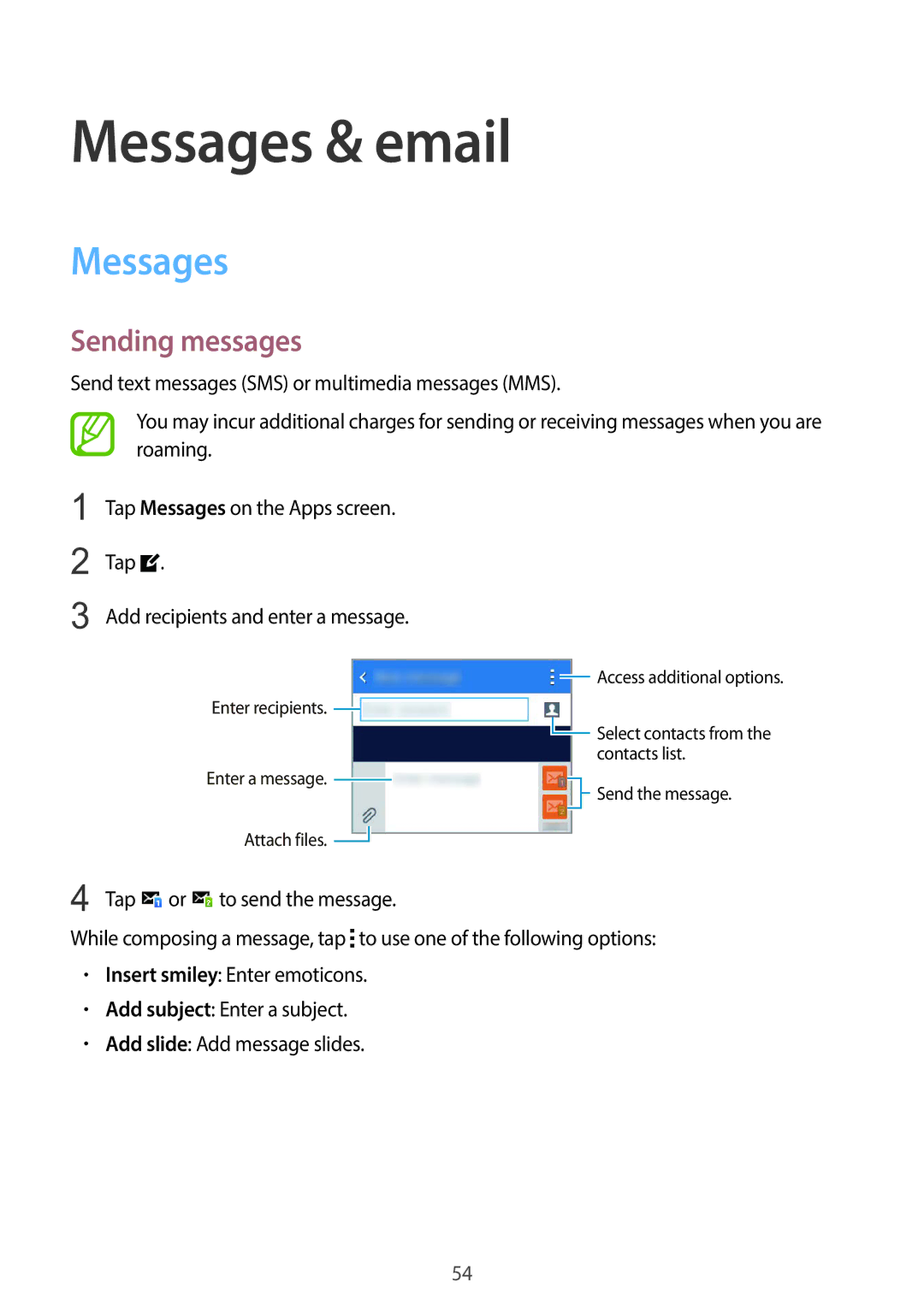 Samsung SM-G130EZWAKSA manual Messages & email, Sending messages 