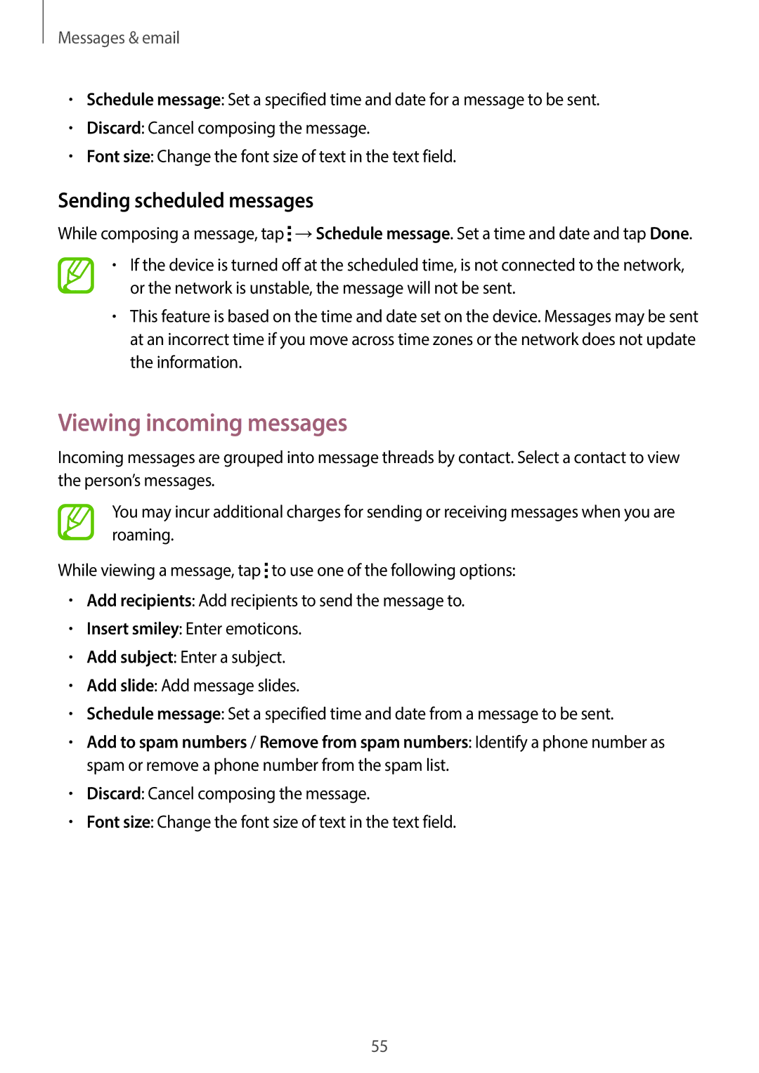 Samsung SM-G130EZWAKSA manual Viewing incoming messages, Sending scheduled messages 