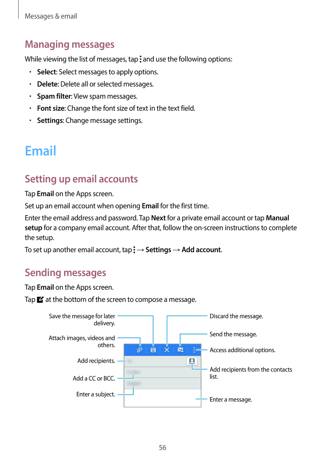 Samsung SM-G130EZWAKSA manual Managing messages, Setting up email accounts 