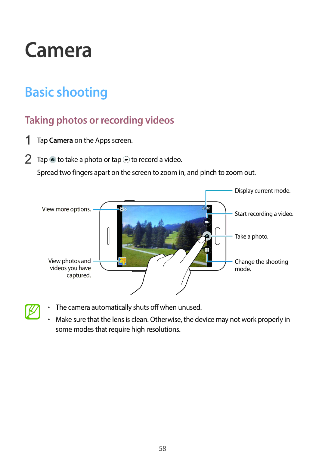 Samsung SM-G130EZWAKSA manual Camera, Basic shooting, Taking photos or recording videos 