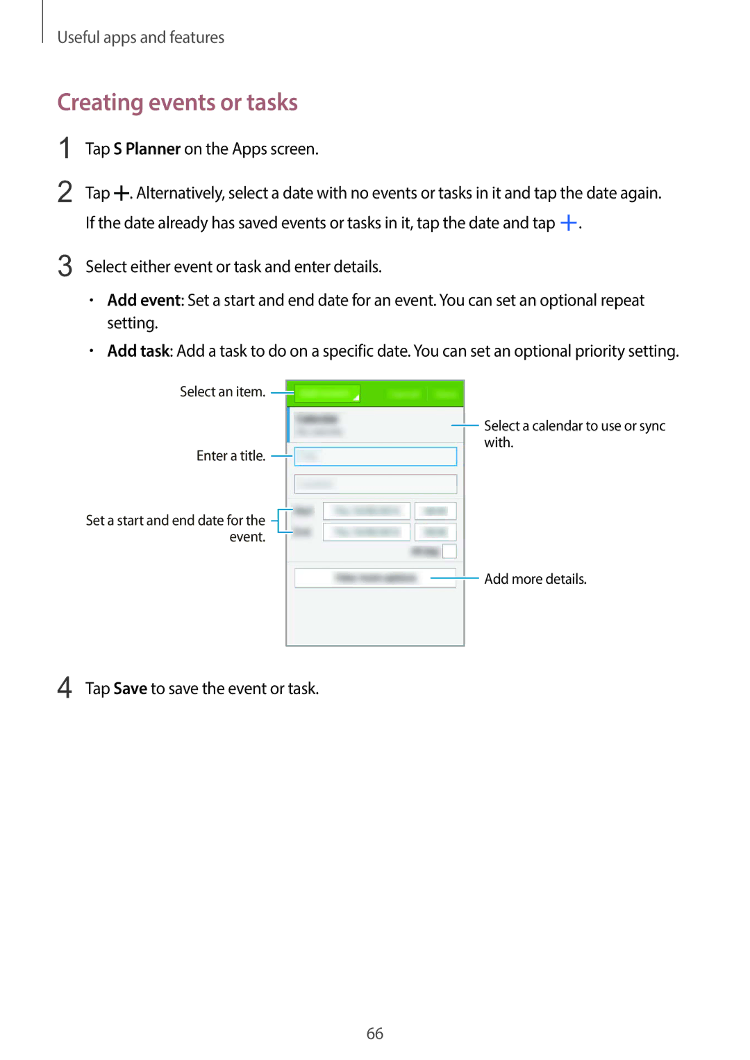 Samsung SM-G130EZWAKSA manual Creating events or tasks, Tap Save to save the event or task 