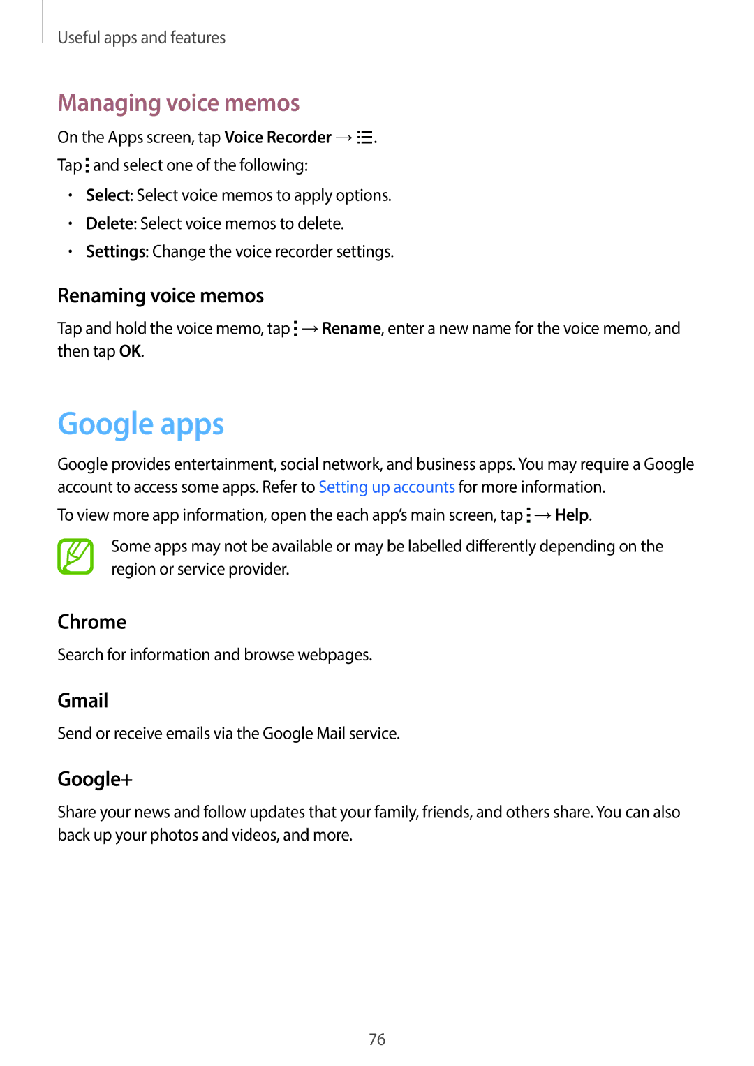 Samsung SM-G130EZWAKSA manual Google apps, Managing voice memos 