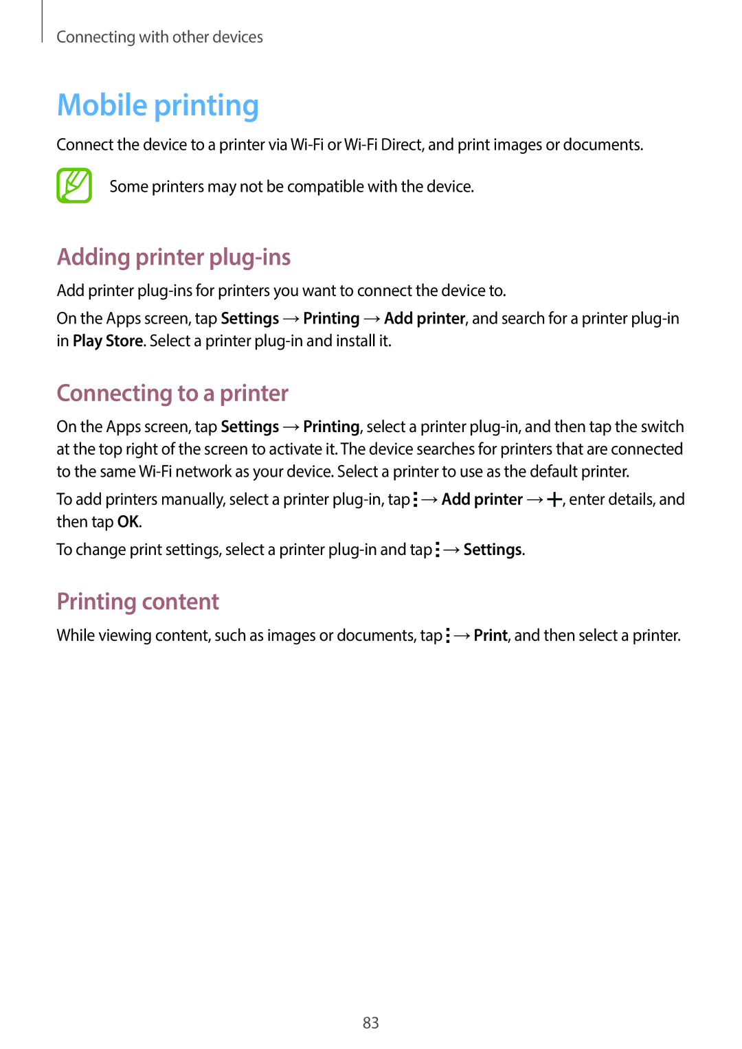 Samsung SM-G130EZWAKSA manual Mobile printing, Adding printer plug-ins, Connecting to a printer, Printing content 