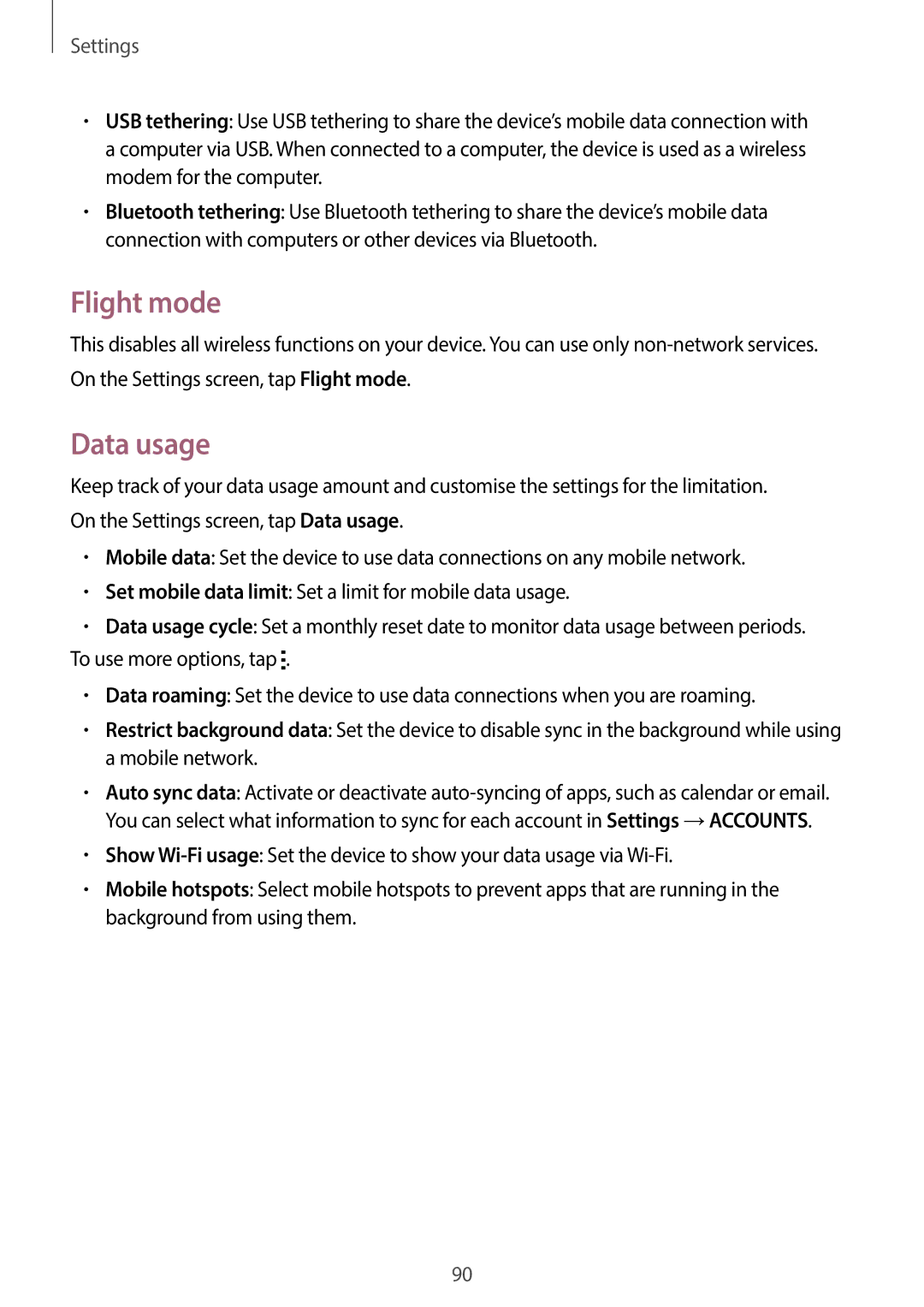 Samsung SM-G130EZWAKSA manual Flight mode, Data usage 