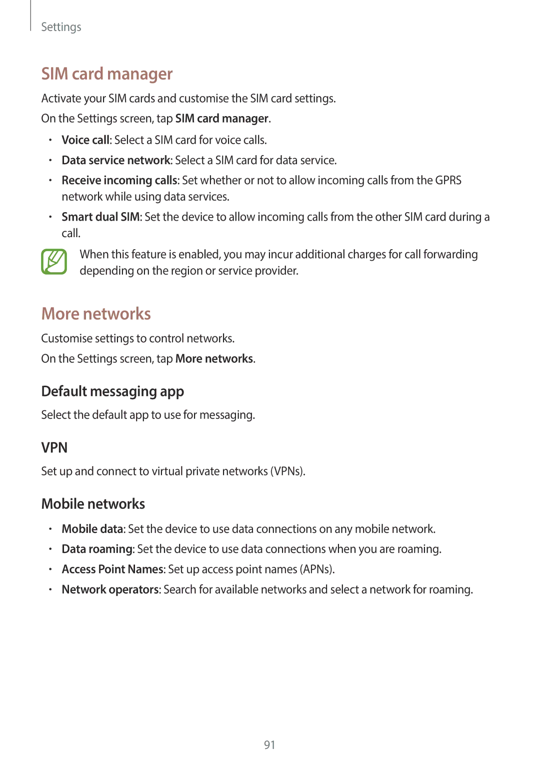 Samsung SM-G130EZWAKSA manual SIM card manager, More networks, Default messaging app, Mobile networks 