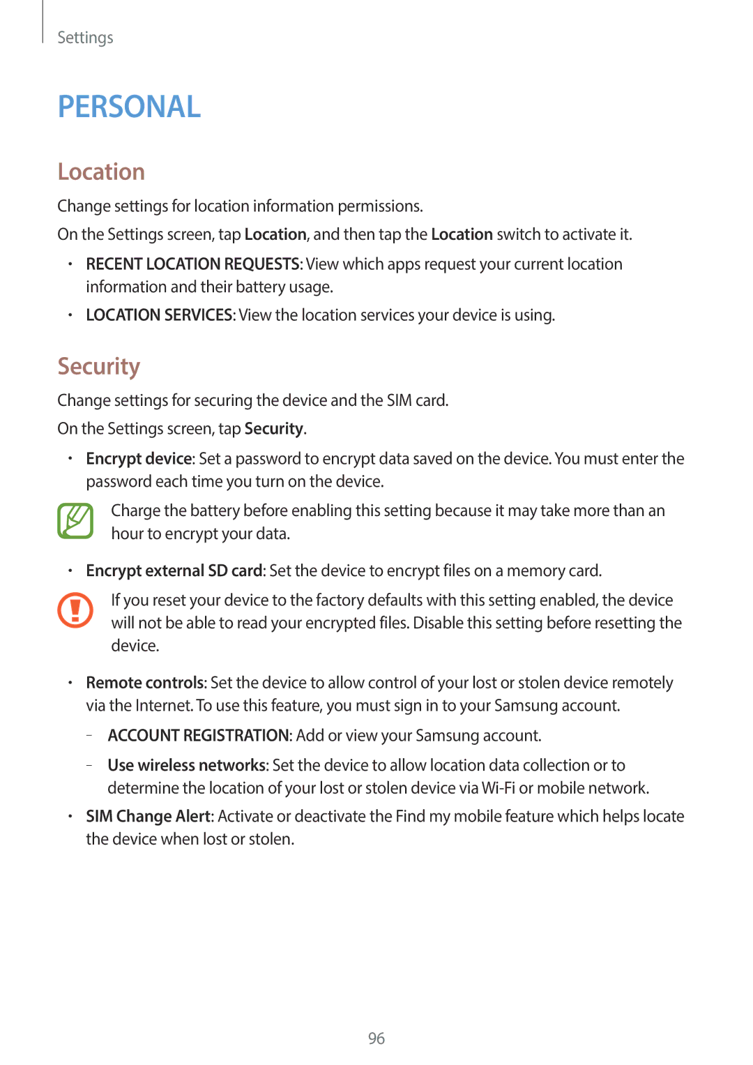 Samsung SM-G130EZWAKSA manual Location, Security, Account Registration Add or view your Samsung account 