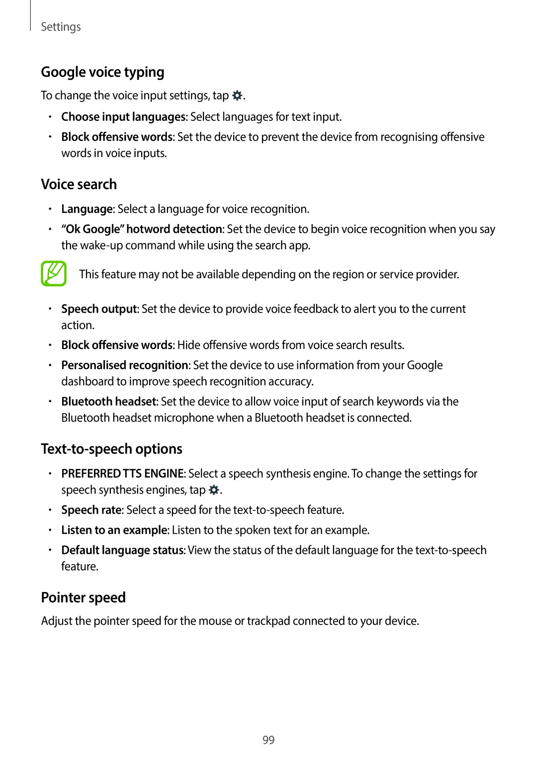 Samsung SM-G130EZWAKSA manual Google voice typing, Text-to-speech options, Pointer speed 