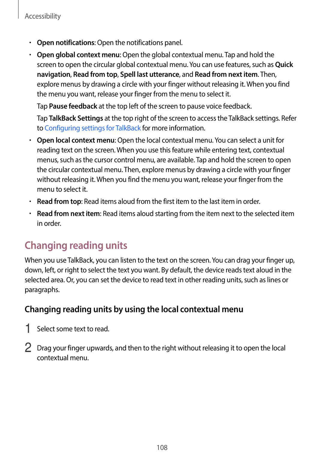 Samsung SM-G130HZAAXFE, SM-G130HZADAFR, SM-G130HZAATUN manual Changing reading units by using the local contextual menu 