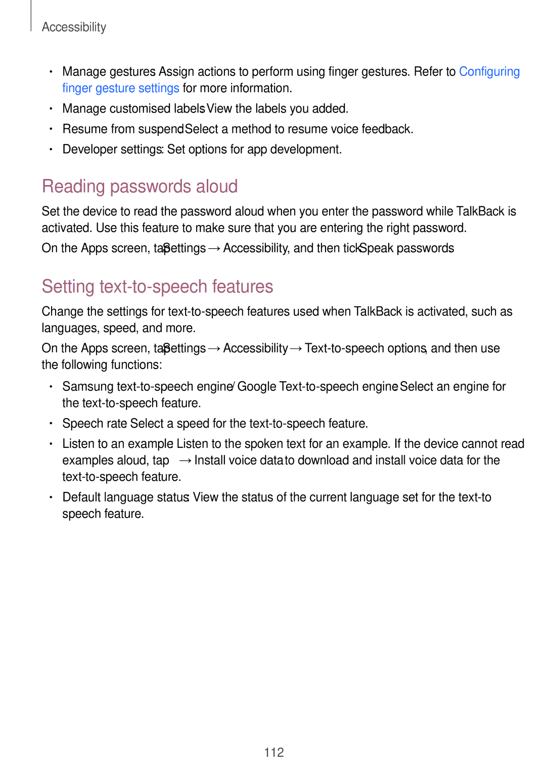 Samsung SM-G130HZWDXFE, SM-G130HZADAFR, SM-G130HZAATUN manual Reading passwords aloud, Setting text-to-speech features 