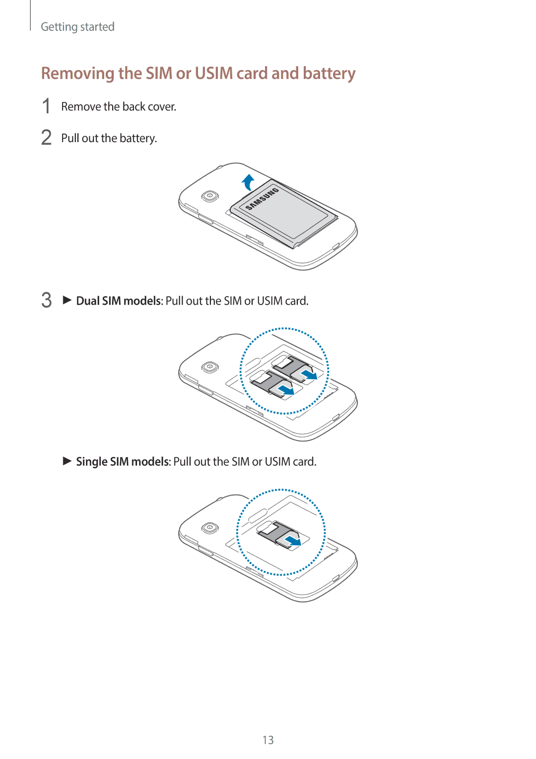 Samsung SM-G130HZADKSA, SM-G130HZADAFR, SM-G130HZAATUN, SM-G130HZADBTC manual Removing the SIM or Usim card and battery 