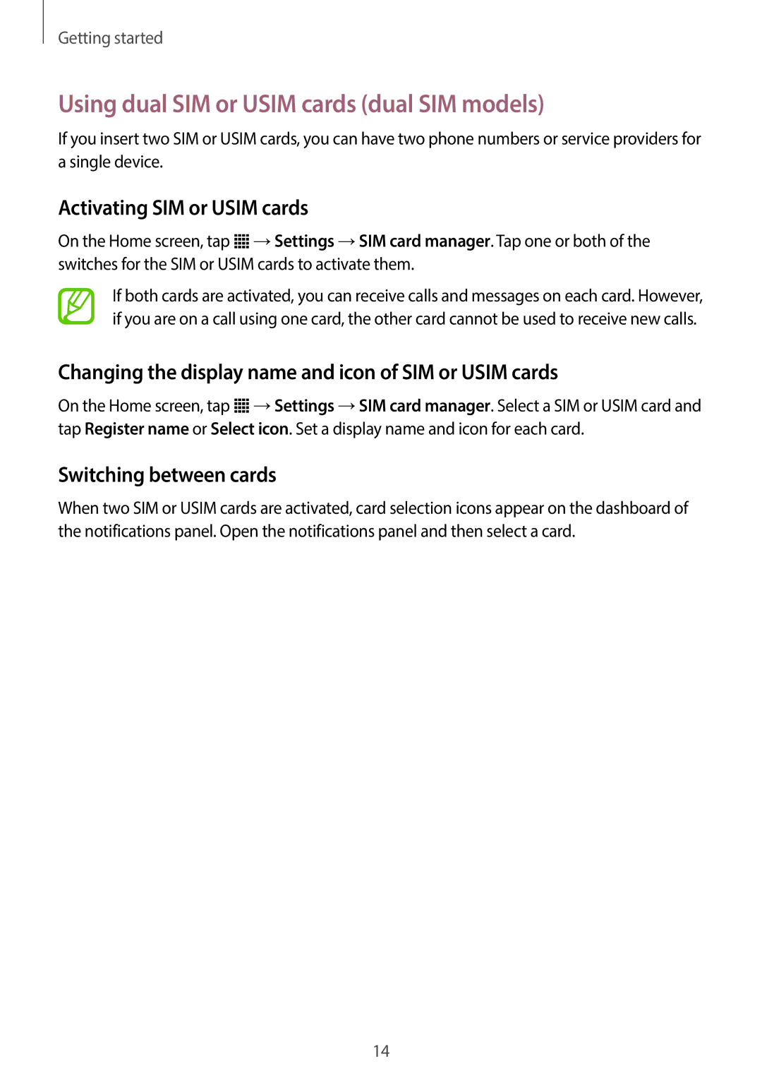 Samsung SM-G130HZADTUN Using dual SIM or Usim cards dual SIM models, Activating SIM or Usim cards, Switching between cards 