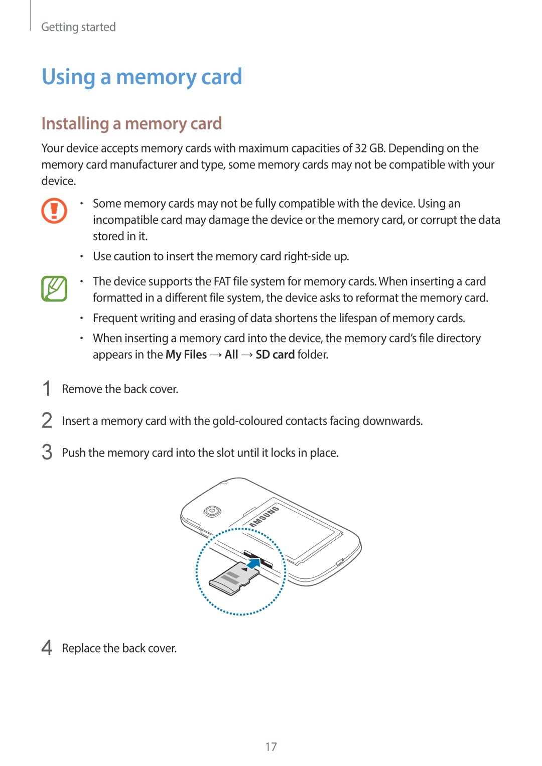 Samsung SM-G130HZAATMC, SM-G130HZADAFR, SM-G130HZAATUN, SM-G130HZADBTC manual Using a memory card, Installing a memory card 