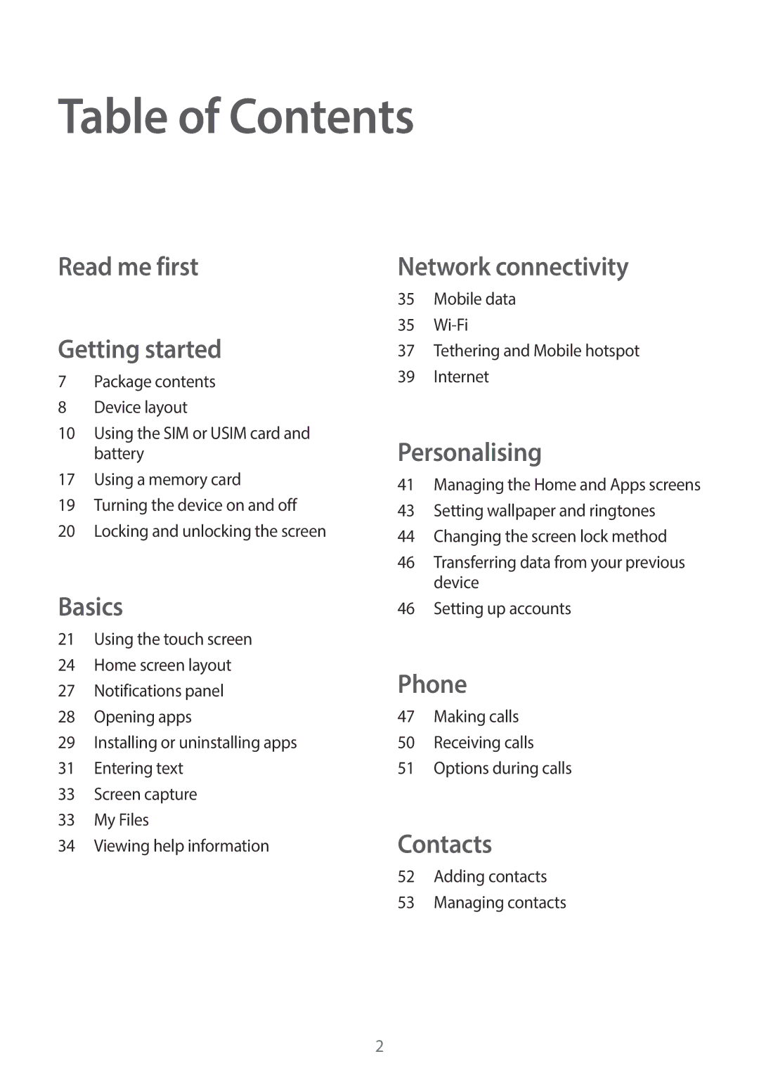 Samsung SM-G130HZADBTC, SM-G130HZADAFR, SM-G130HZAATUN, SM-G130HZWDAFR, SM-G130HZADXFE, SM-G130HZWDKSA manual Table of Contents 