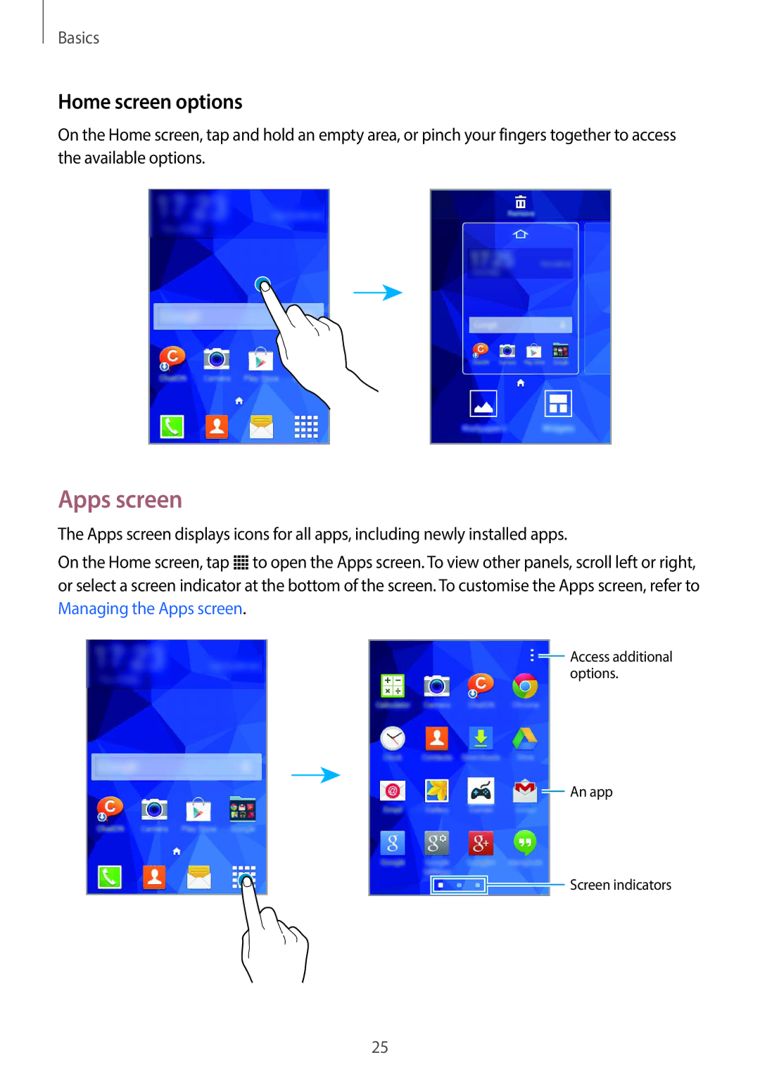 Samsung SM-G130HZWDXEH, SM-G130HZADAFR, SM-G130HZAATUN, SM-G130HZADBTC, SM-G130HZWDAFR manual Apps screen, Home screen options 