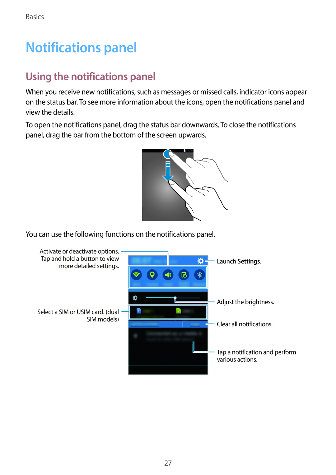 Samsung CG-G130HZAPEST, SM-G130HZADAFR, SM-G130HZAATUN, SM-G130HZADBTC Notifications panel, Using the notifications panel 