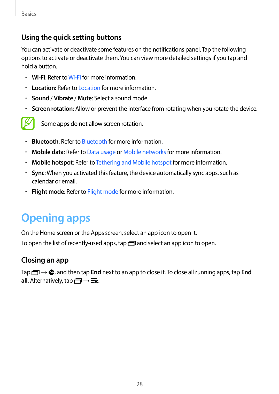 Samsung SM-G130HZAASER, SM-G130HZADAFR, SM-G130HZAATUN manual Opening apps, Using the quick setting buttons, Closing an app 