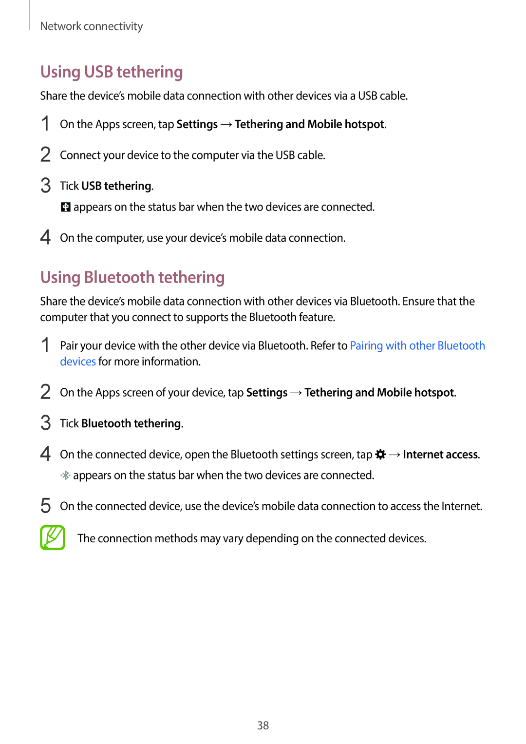 Samsung SM-G130HZWDBTC manual Using USB tethering, Using Bluetooth tethering, Tick USB tethering, Tick Bluetooth tethering 