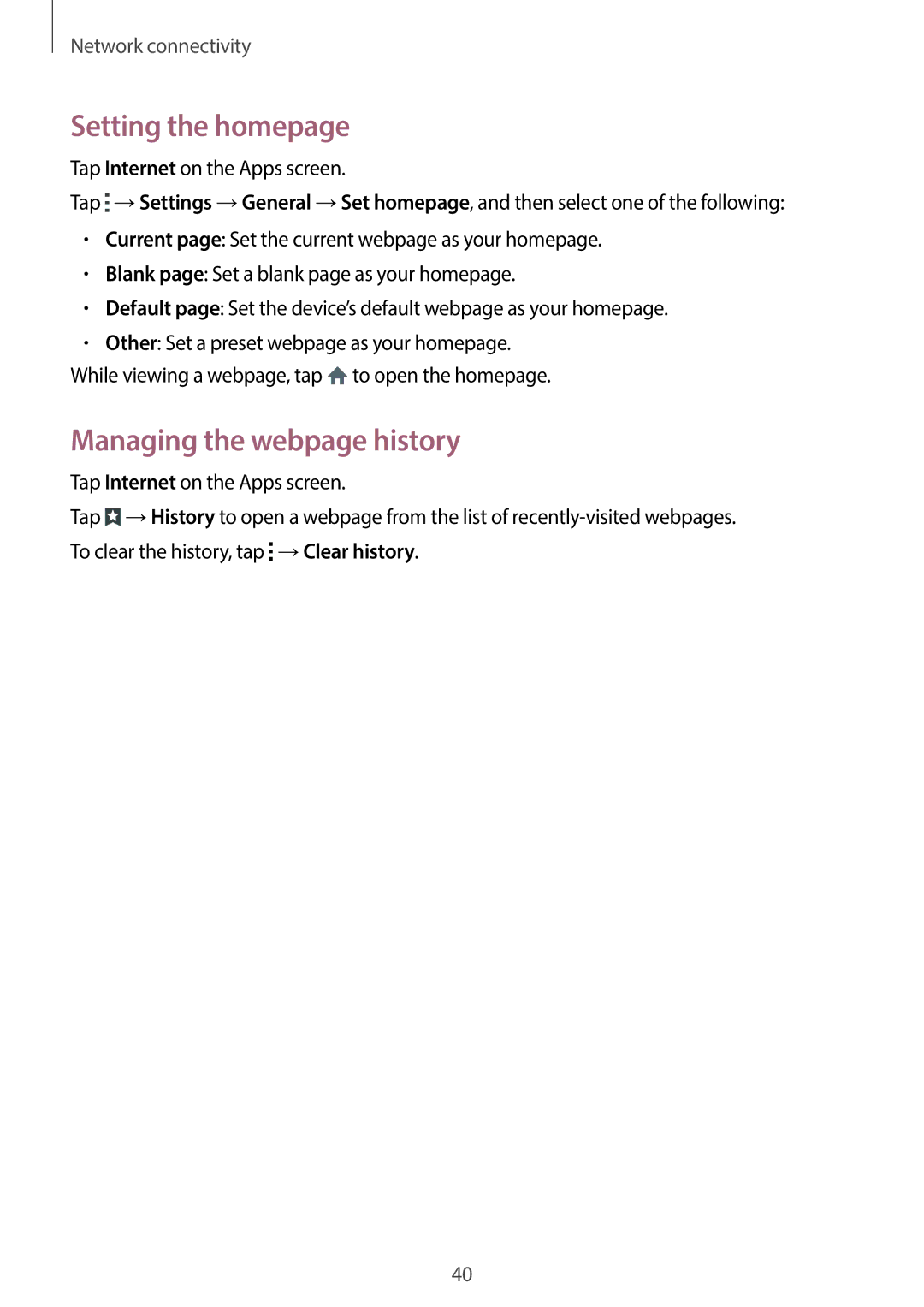 Samsung SM-G130HZWDXSG, SM-G130HZADAFR, SM-G130HZAATUN, SM-G130HZADBTC Setting the homepage, Managing the webpage history 