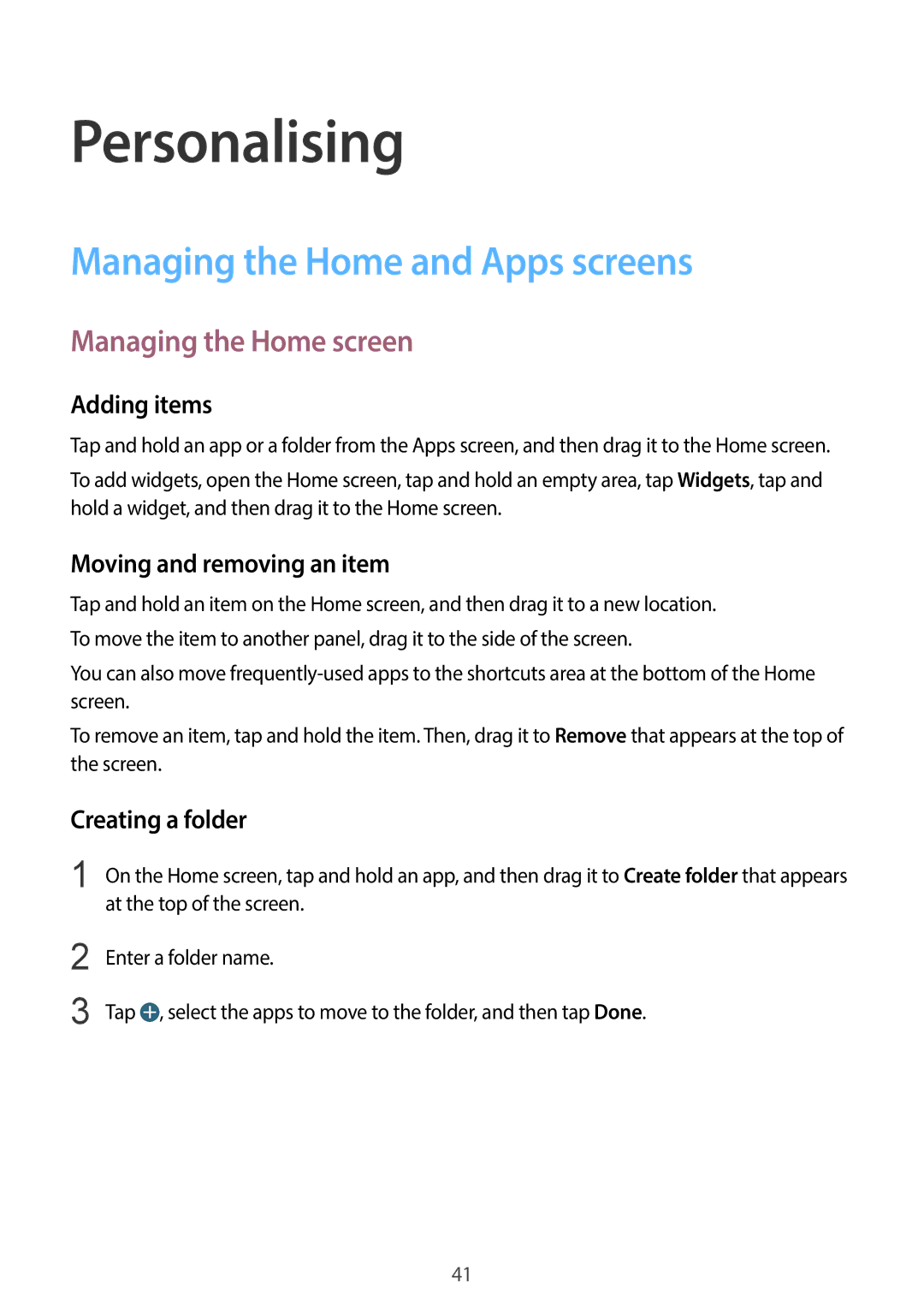 Samsung SM-G130HZAAKSA, SM-G130HZADAFR manual Personalising, Managing the Home and Apps screens, Managing the Home screen 