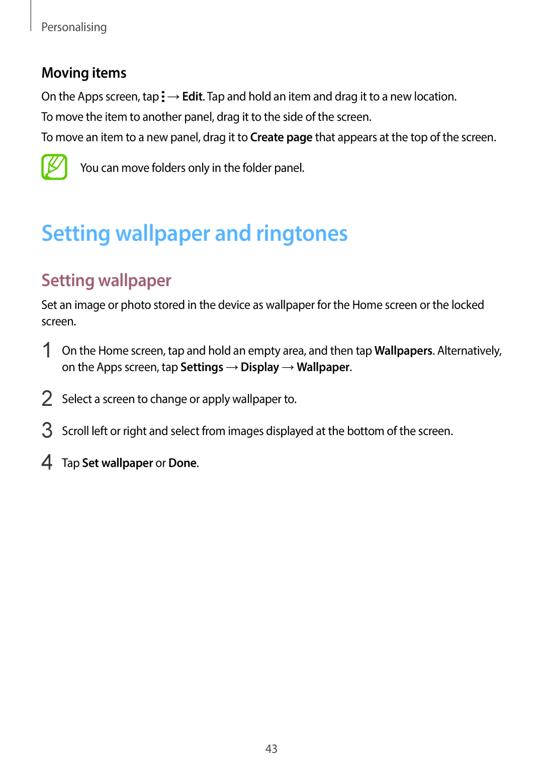 Samsung SM-G130HZADKSA, SM-G130HZADAFR manual Setting wallpaper and ringtones, Moving items, Tap Set wallpaper or Done 