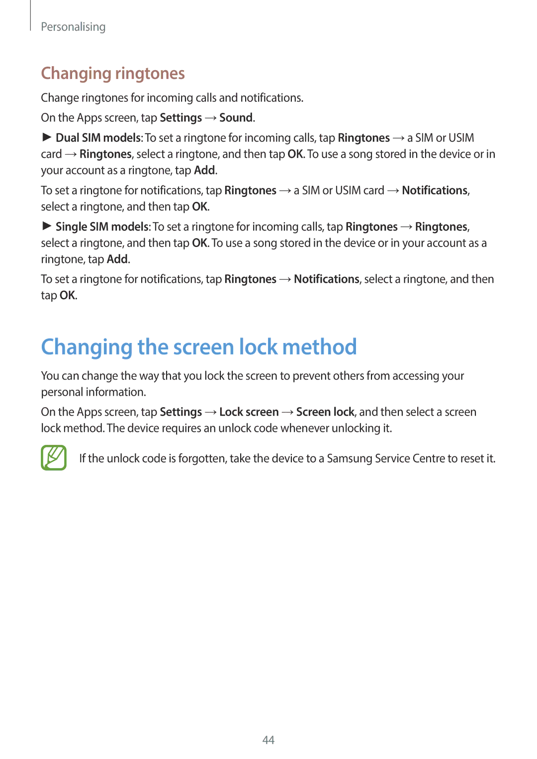 Samsung SM-G130HZADTUN, SM-G130HZADAFR, SM-G130HZAATUN, SM-G130HZADBTC Changing the screen lock method, Changing ringtones 