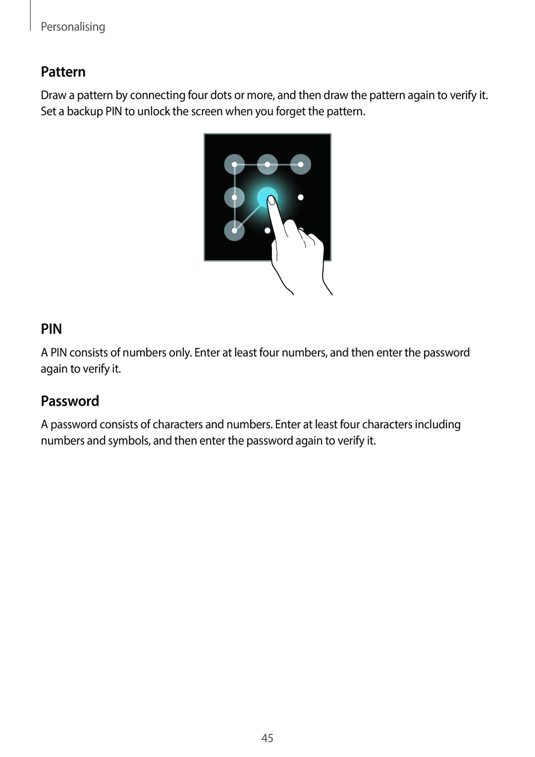 Samsung SM-G130HZADXSG, SM-G130HZADAFR, SM-G130HZAATUN, SM-G130HZADBTC, SM-G130HZWDAFR, SM-G130HZADXFE manual Pattern, Password 