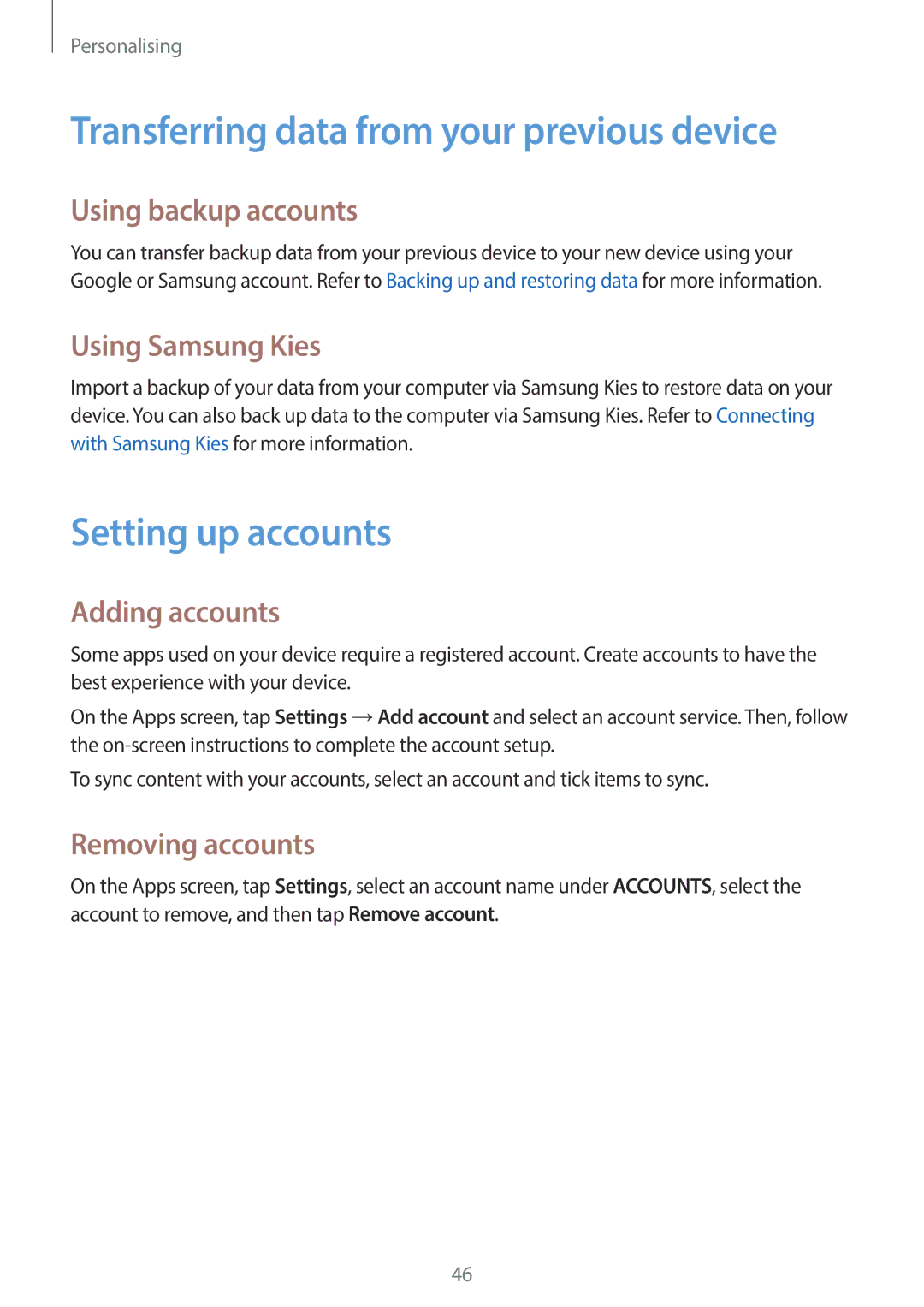 Samsung SM-G130HZWAKSA, SM-G130HZADAFR, SM-G130HZAATUN Transferring data from your previous device, Setting up accounts 