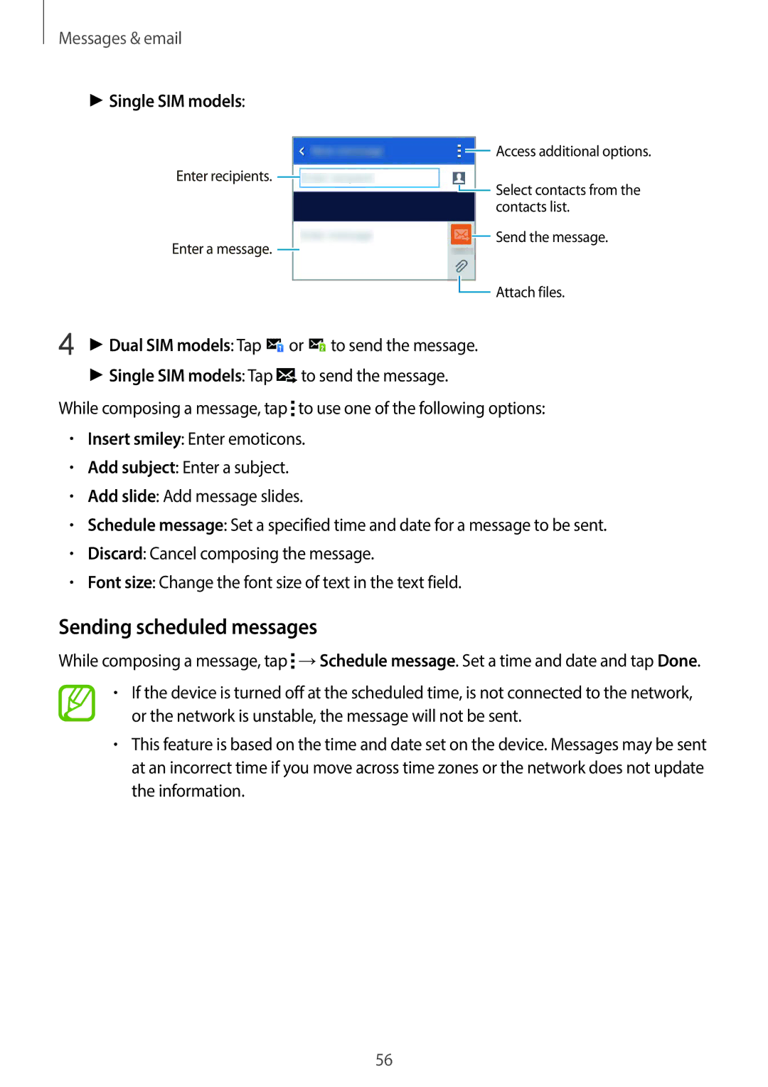 Samsung SM2G130HZWDXEH, SM-G130HZADAFR, SM-G130HZAATUN, SM-G130HZADBTC manual Sending scheduled messages, Single SIM models 