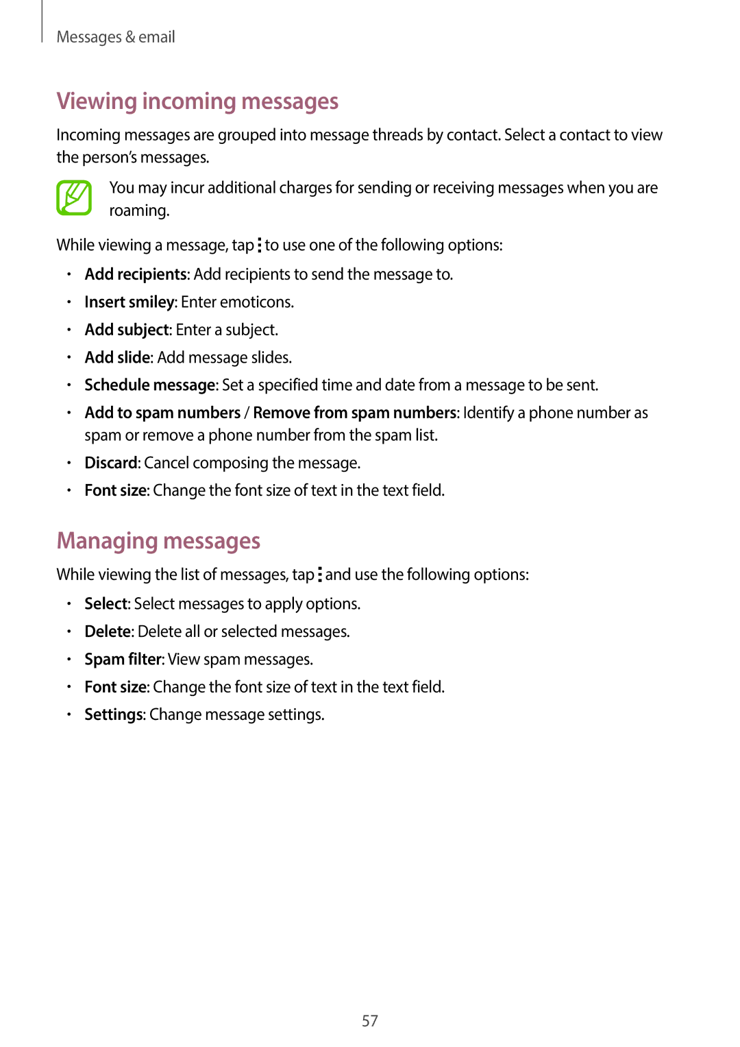 Samsung CG-G130HZAPEST, SM-G130HZADAFR, SM-G130HZAATUN, SM-G130HZADBTC manual Viewing incoming messages, Managing messages 