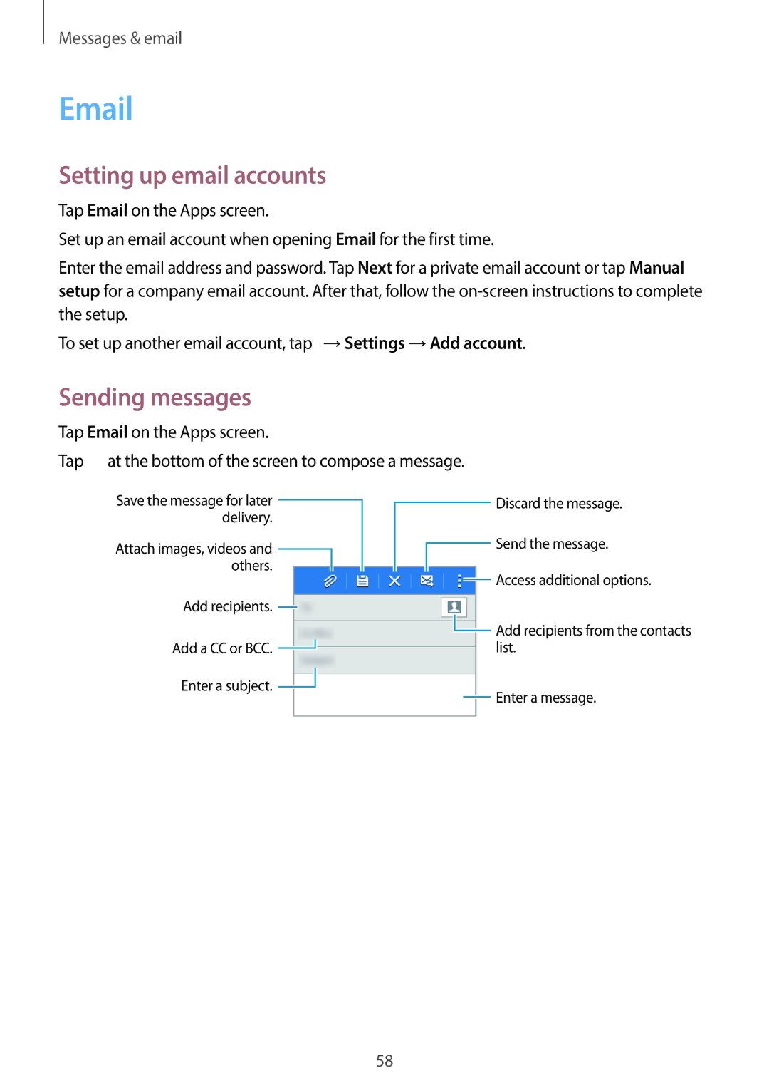 Samsung SM-G130HZAASER, SM-G130HZADAFR, SM-G130HZAATUN, SM-G130HZADBTC manual Setting up email accounts, Sending messages 