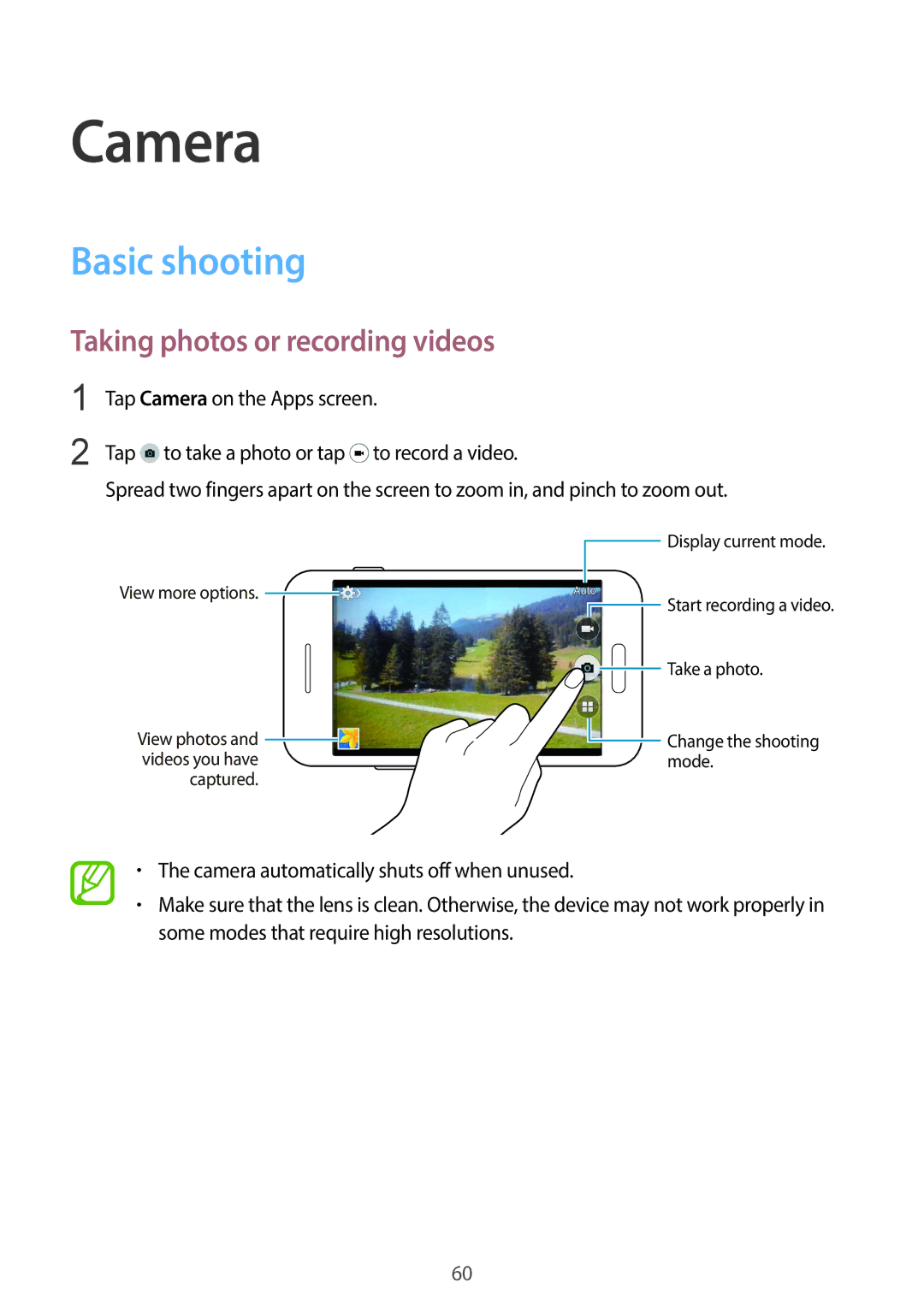 Samsung SM-G130HZADAFR, SM-G130HZAATUN, SM-G130HZADBTC manual Camera, Basic shooting, Taking photos or recording videos 