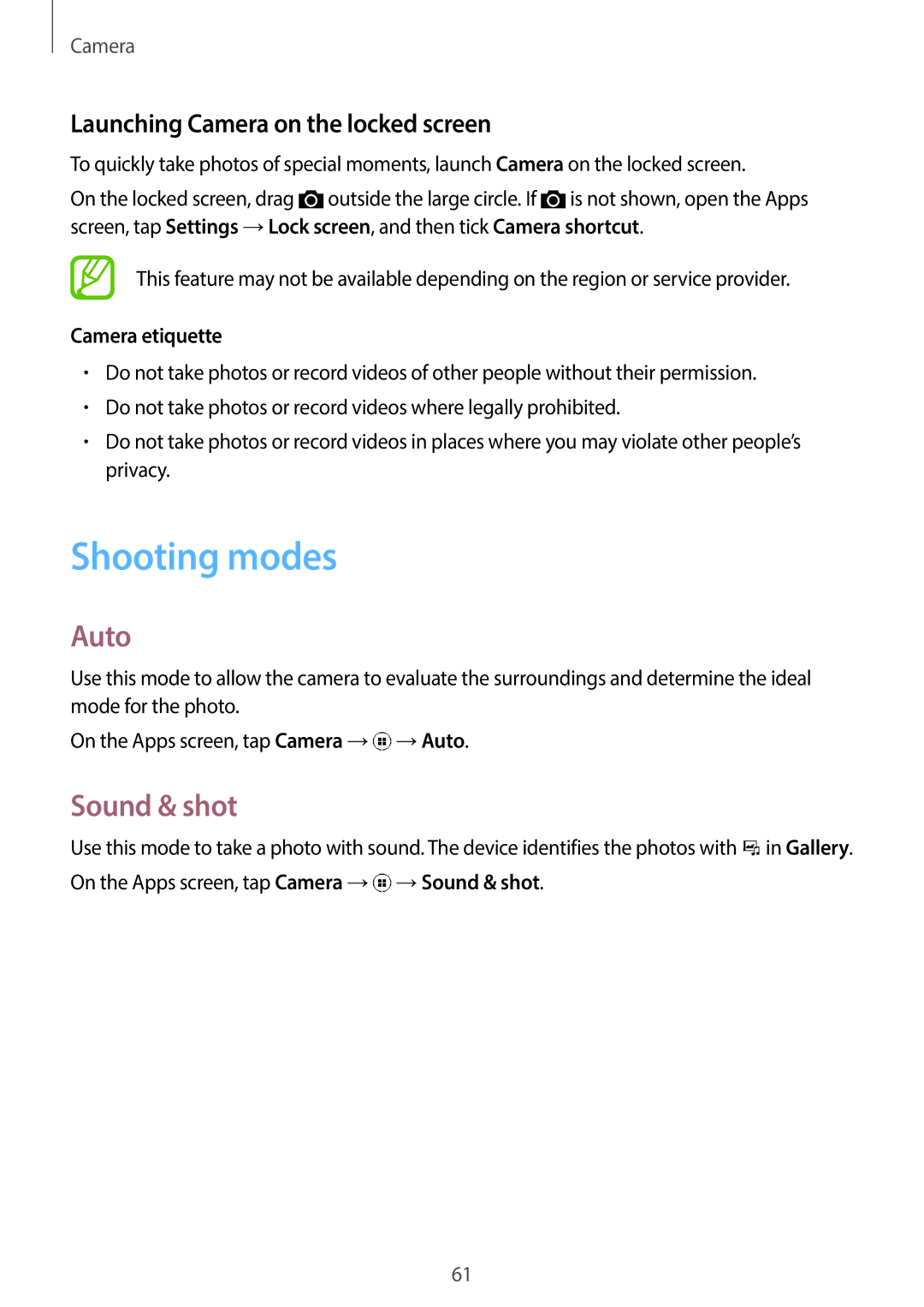 Samsung SM-G130HZAATUN manual Shooting modes, Auto, Sound & shot, Launching Camera on the locked screen, Camera etiquette 