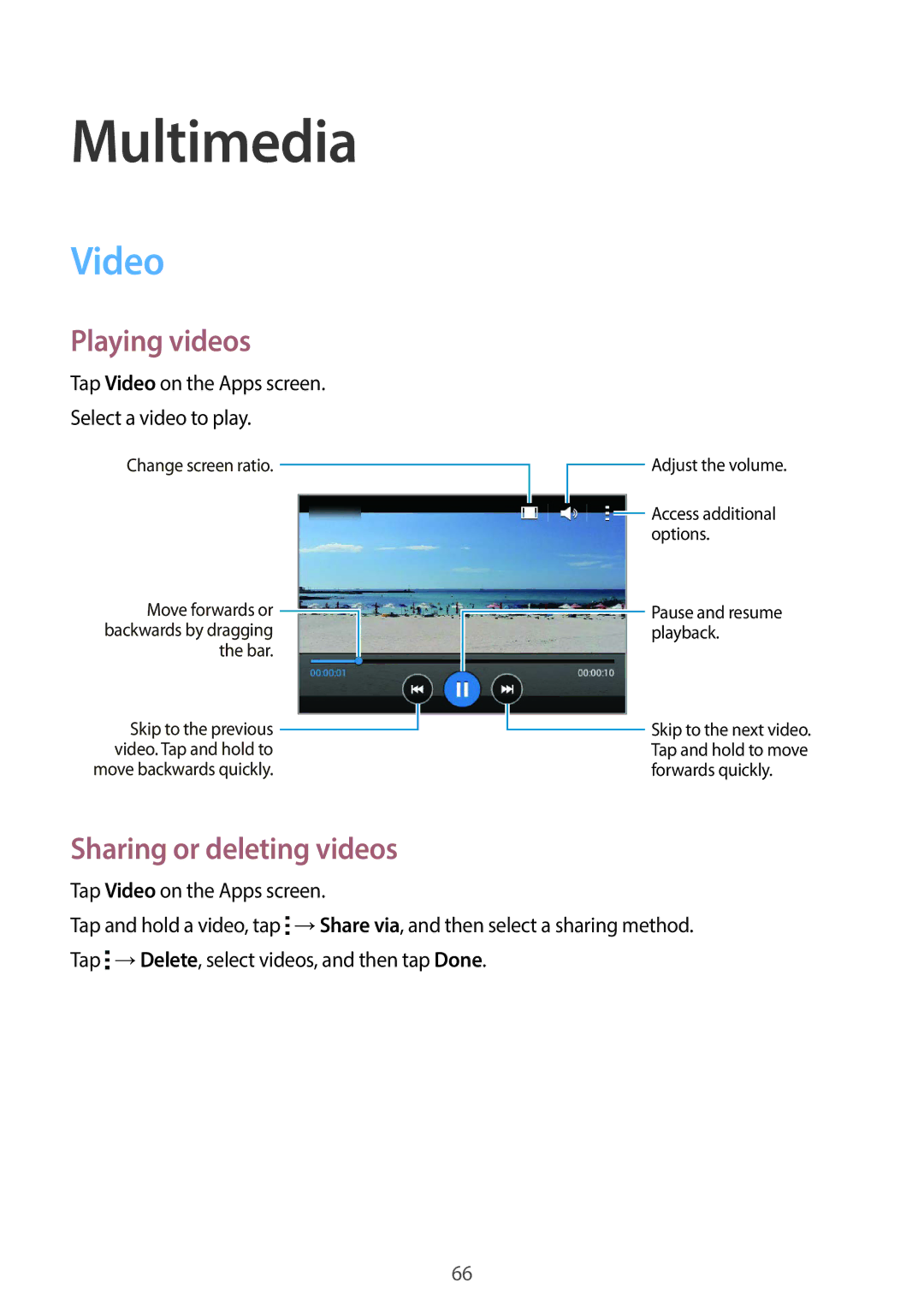 Samsung SM-G130HZWATMC, SM-G130HZADAFR, SM-G130HZAATUN manual Multimedia, Video, Playing videos, Sharing or deleting videos 