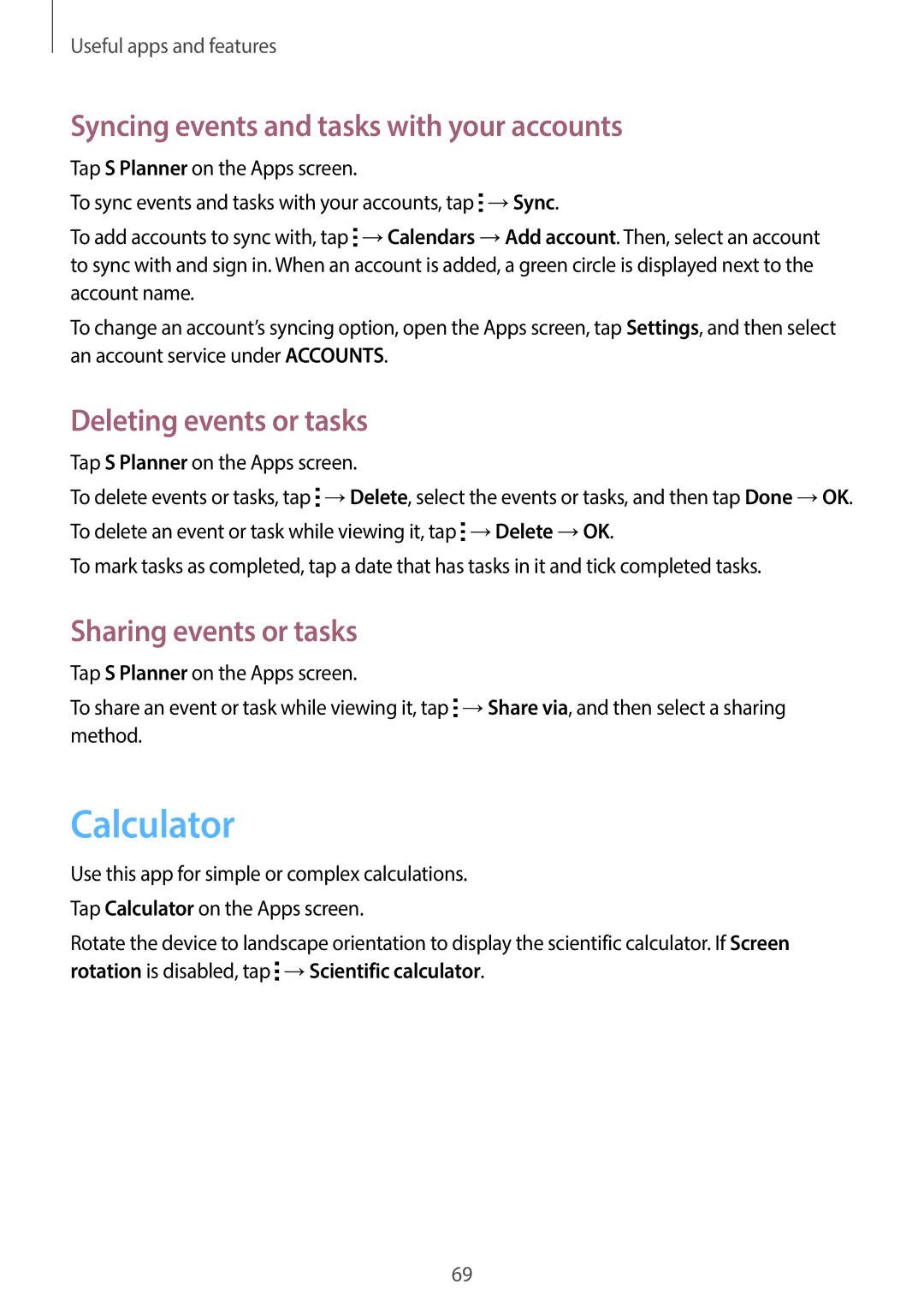 Samsung SM-G130HZWDEGY, SM-G130HZADAFR Calculator, Syncing events and tasks with your accounts, Deleting events or tasks 