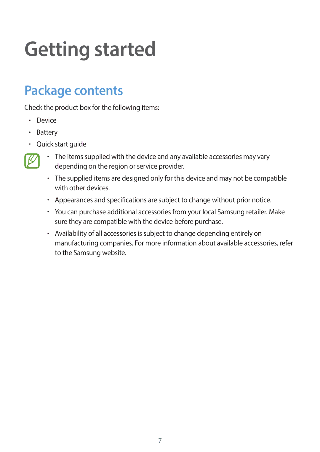 Samsung SM-G130HZWATUN, SM-G130HZADAFR, SM-G130HZAATUN, SM-G130HZADBTC, SM-G130HZWDAFR manual Getting started, Package contents 