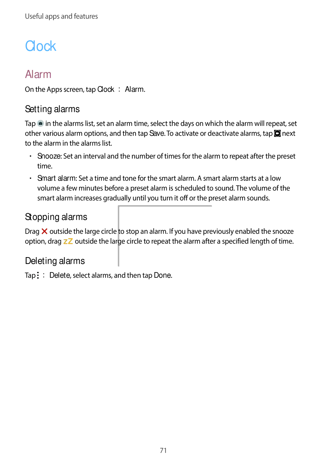 Samsung SM-G130HZAAKSA, SM-G130HZADAFR, SM-G130HZAATUN manual Clock, Alarm, Setting alarms, Stopping alarms, Deleting alarms 