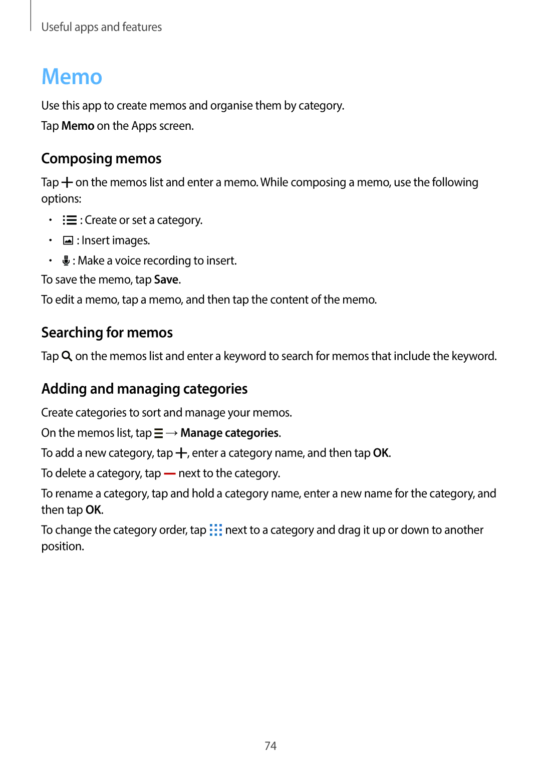 Samsung SM-G130HZADTUN, SM-G130HZADAFR manual Memo, Composing memos, Searching for memos, Adding and managing categories 