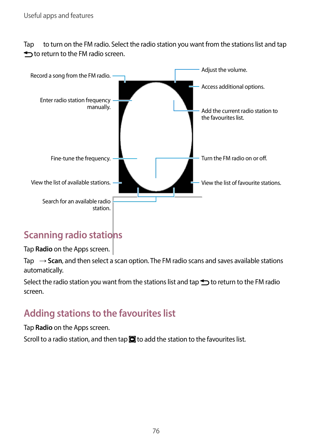 Samsung SM-G130HZWAKSA, SM-G130HZADAFR, SM-G130HZAATUN manual Scanning radio stations, Adding stations to the favourites list 
