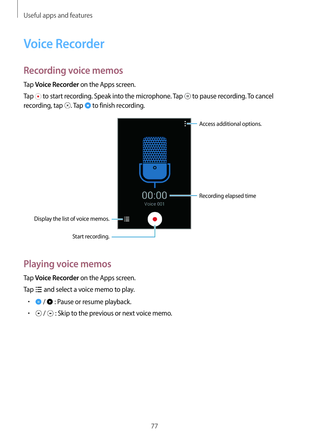 Samsung SM-G130HZAATMC, SM-G130HZADAFR, SM-G130HZAATUN manual Voice Recorder, Recording voice memos, Playing voice memos 