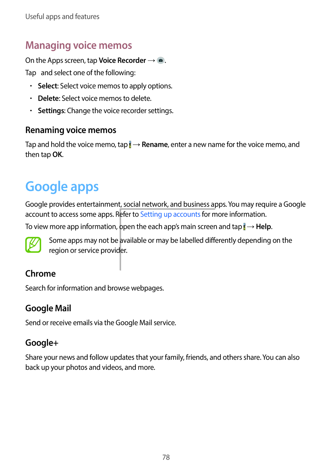 Samsung SM-G130HZAAXFE, SM-G130HZADAFR, SM-G130HZAATUN, SM-G130HZADBTC, SM-G130HZWDAFR manual Google apps, Managing voice memos 