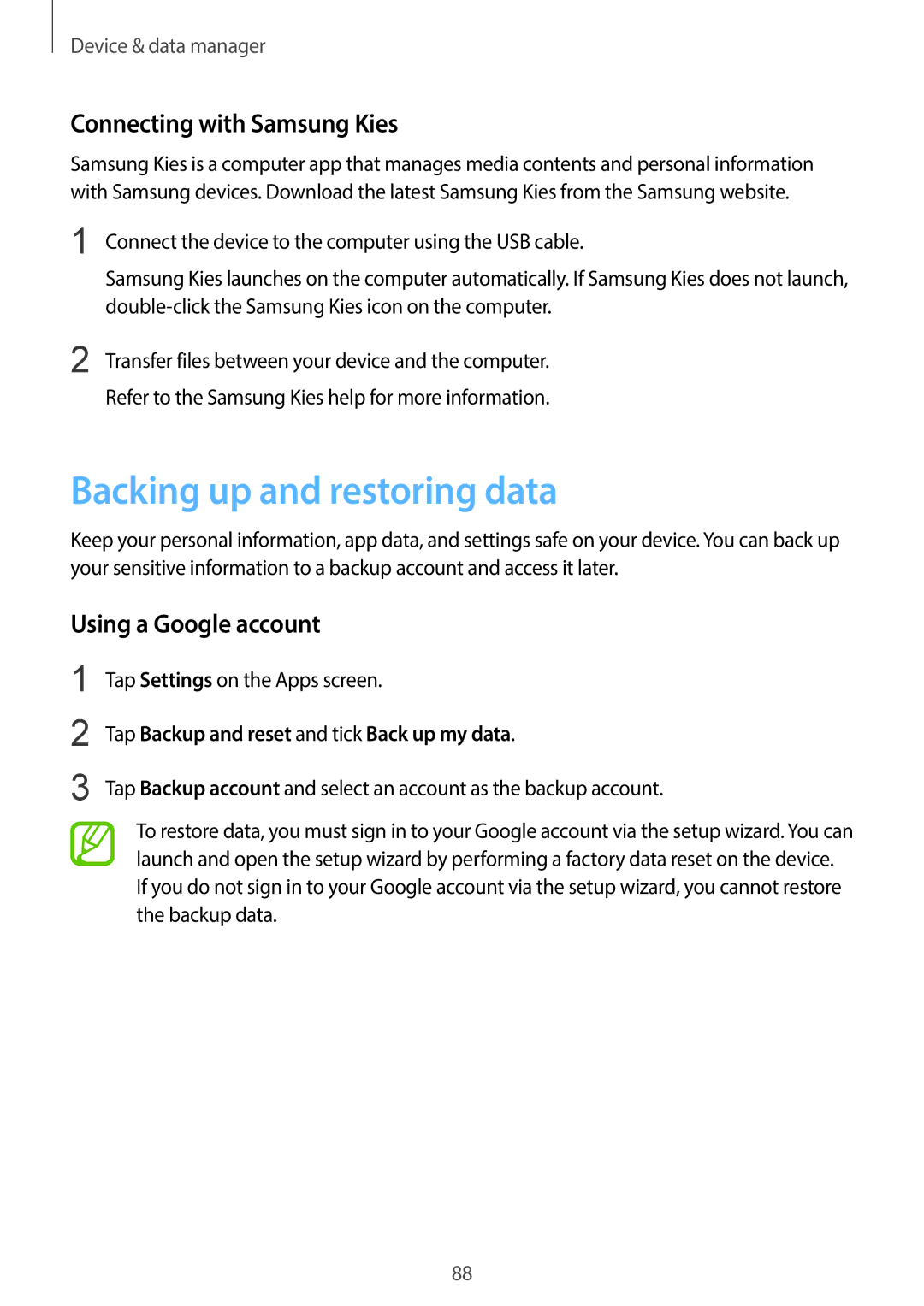 Samsung SM-G130HZAASER, SM-G130HZADAFR Backing up and restoring data, Connecting with Samsung Kies, Using a Google account 