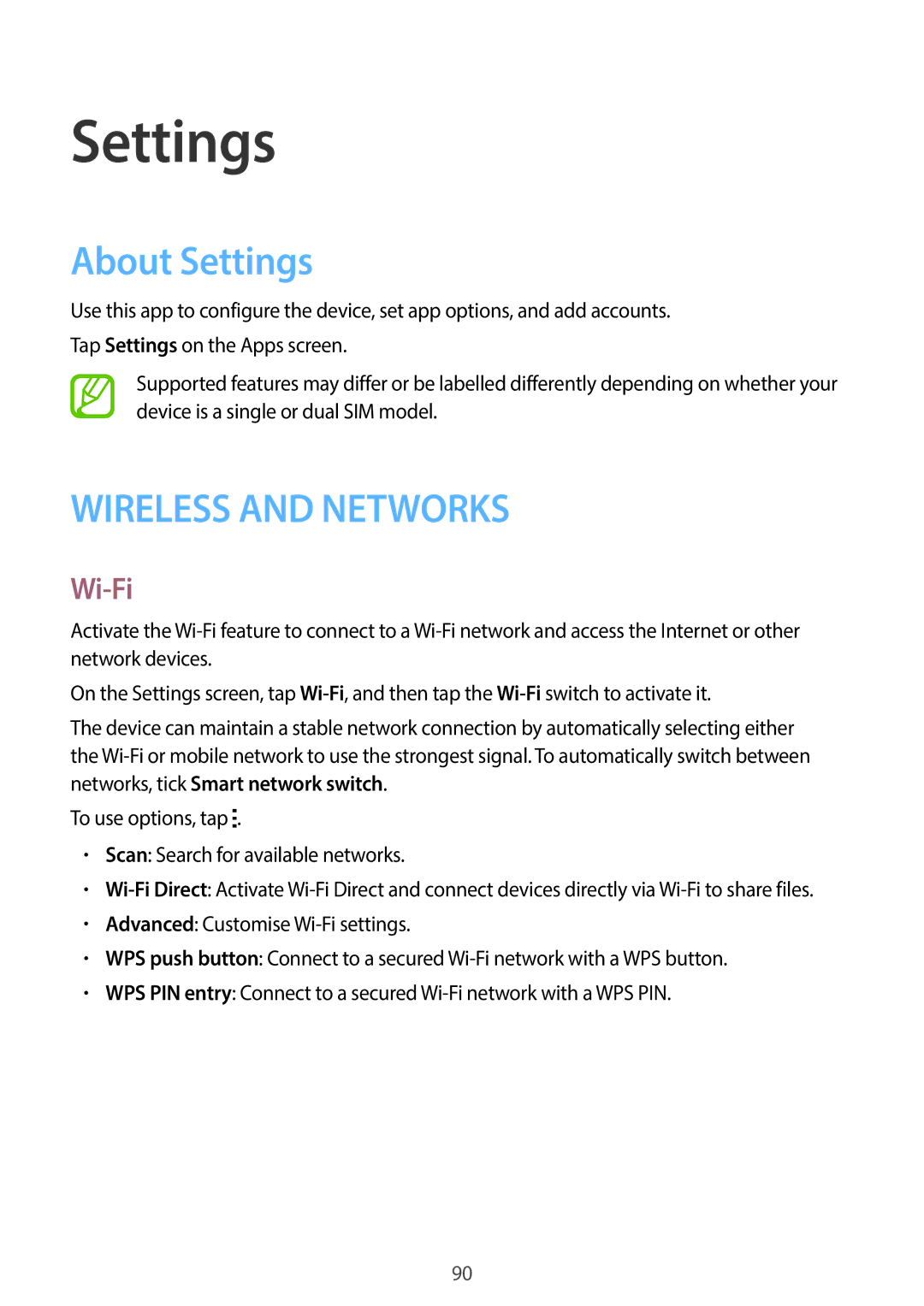 Samsung SM-G130HZADAFR, SM-G130HZAATUN, SM-G130HZADBTC, SM-G130HZWDAFR, SM-G130HZADXFE manual About Settings, Wi-Fi 