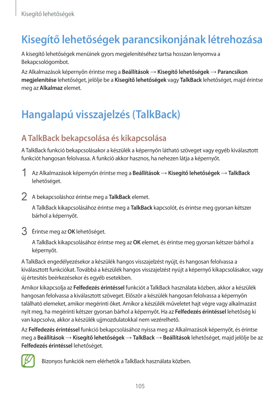 Samsung SM2G130HZADXEH, SM-G130HZADXEH manual Hangalapú visszajelzés TalkBack, TalkBack bekapcsolása és kikapcsolása 