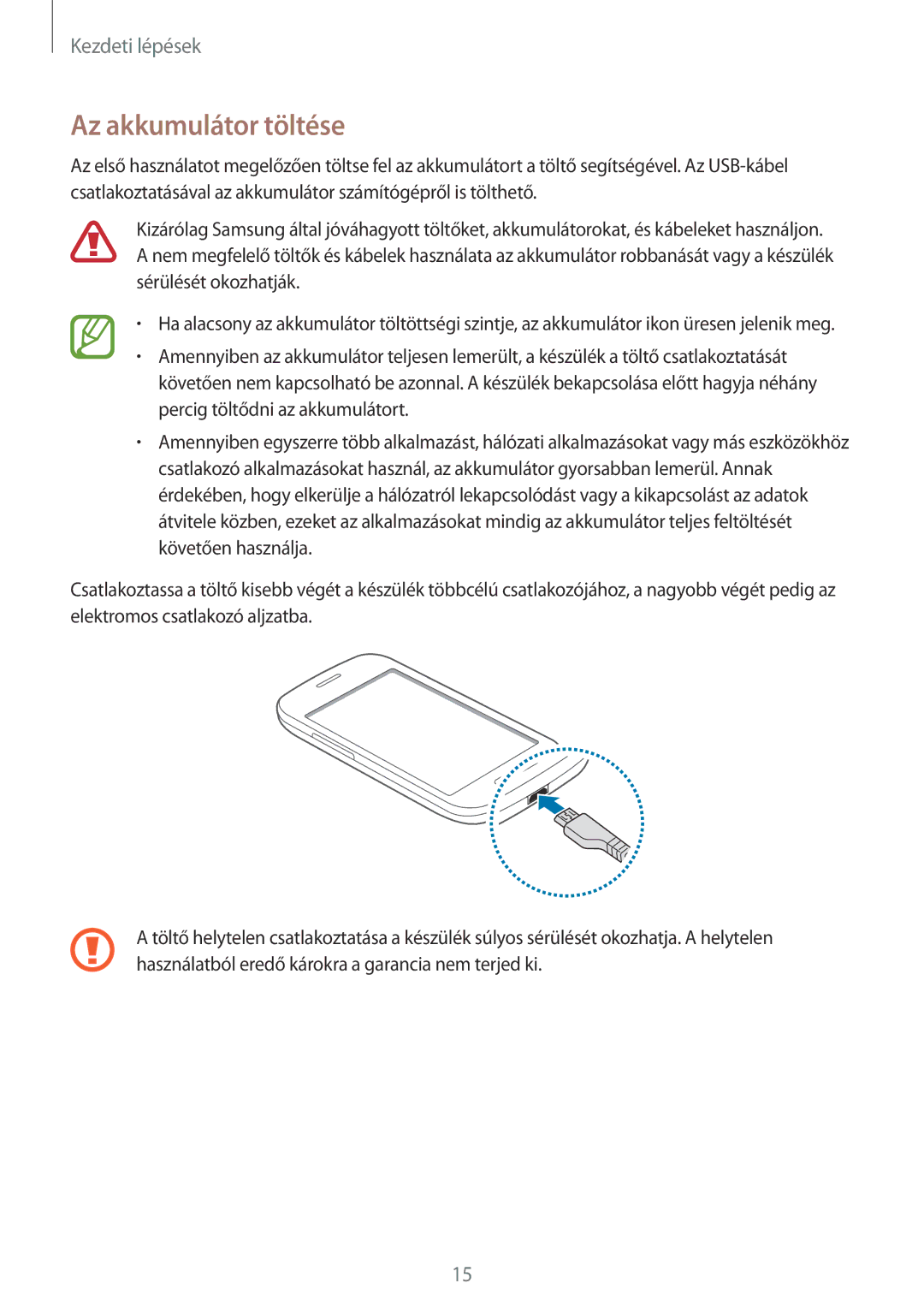 Samsung SM2G130HZWDXEH, SM-G130HZADXEH, SM2G130HZADXEH, SM-G130HZWDXEH manual Az akkumulátor töltése 