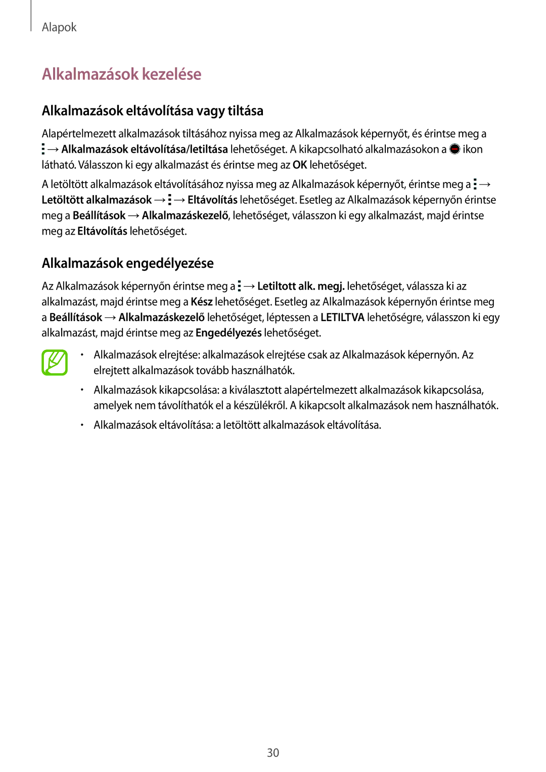 Samsung SM-G130HZWDXEH manual Alkalmazások kezelése, Alkalmazások eltávolítása vagy tiltása, Alkalmazások engedélyezése 