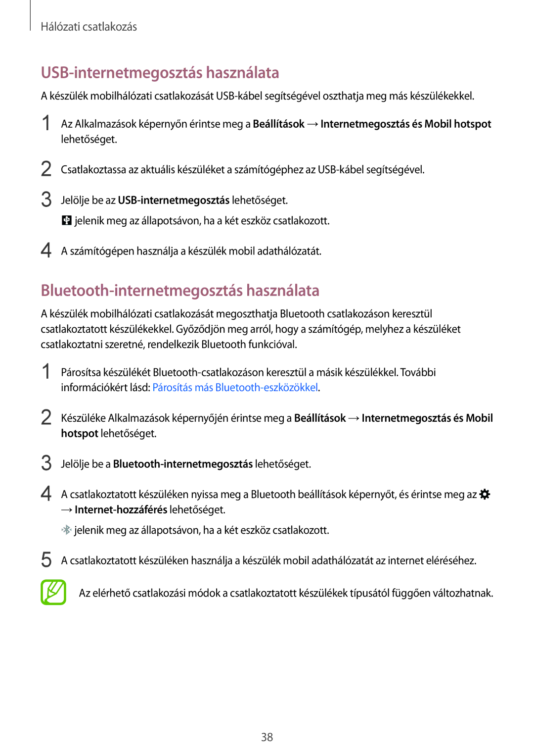 Samsung SM-G130HZWDXEH, SM-G130HZADXEH manual USB-internetmegosztás használata, Bluetooth-internetmegosztás használata 