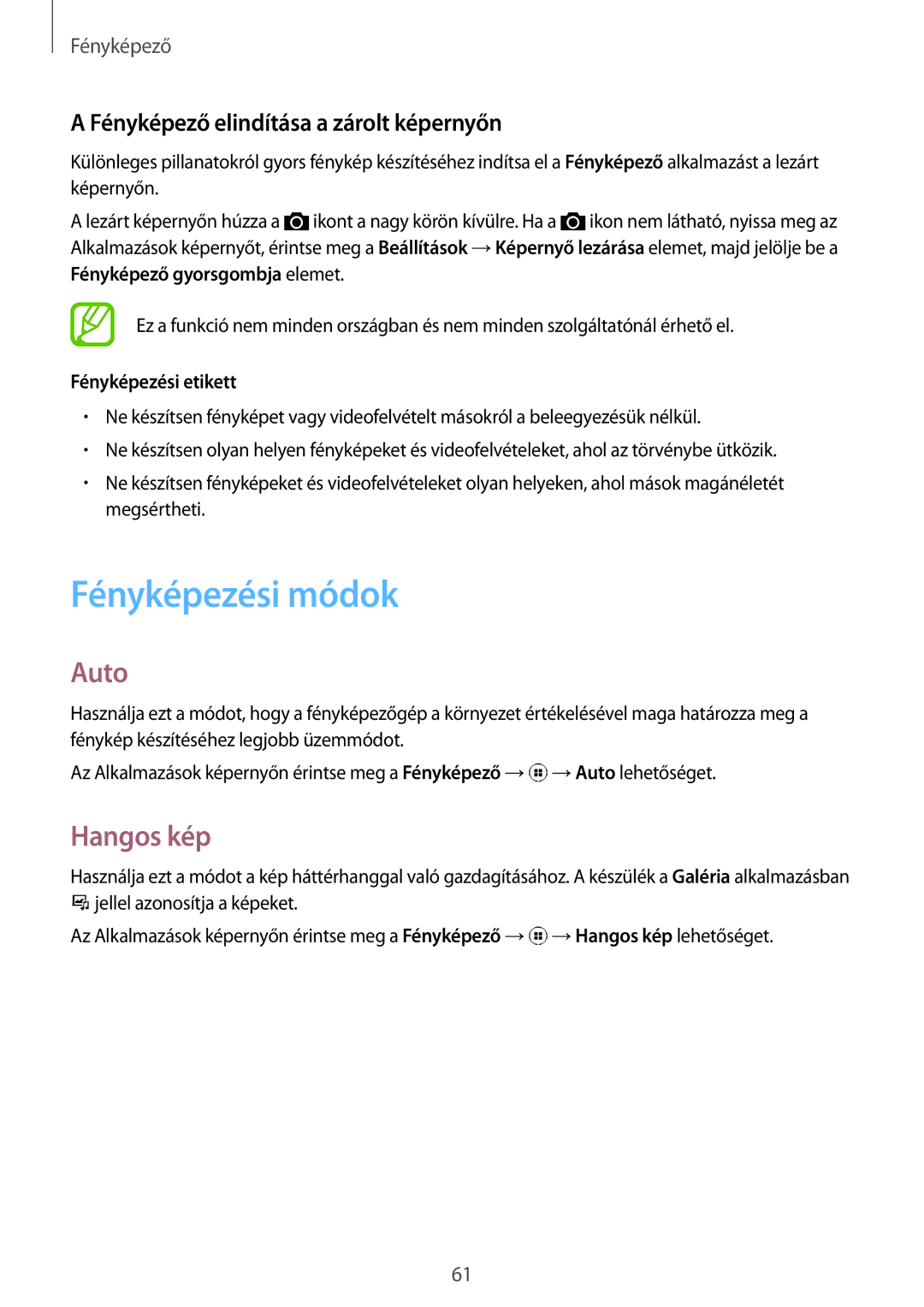Samsung SM2G130HZADXEH, SM-G130HZADXEH manual Fényképezési módok, Auto, Hangos kép, Fényképező elindítása a zárolt képernyőn 