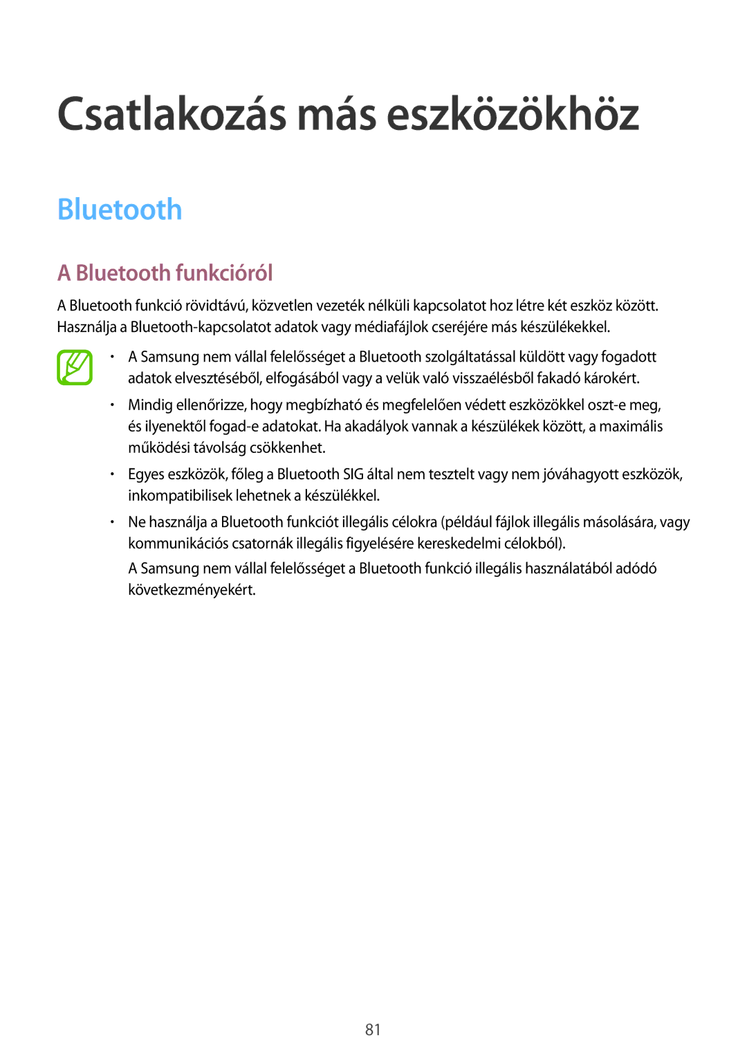 Samsung SM2G130HZADXEH, SM-G130HZADXEH, SM-G130HZWDXEH, SM2G130HZWDXEH manual Bluetooth funkcióról 